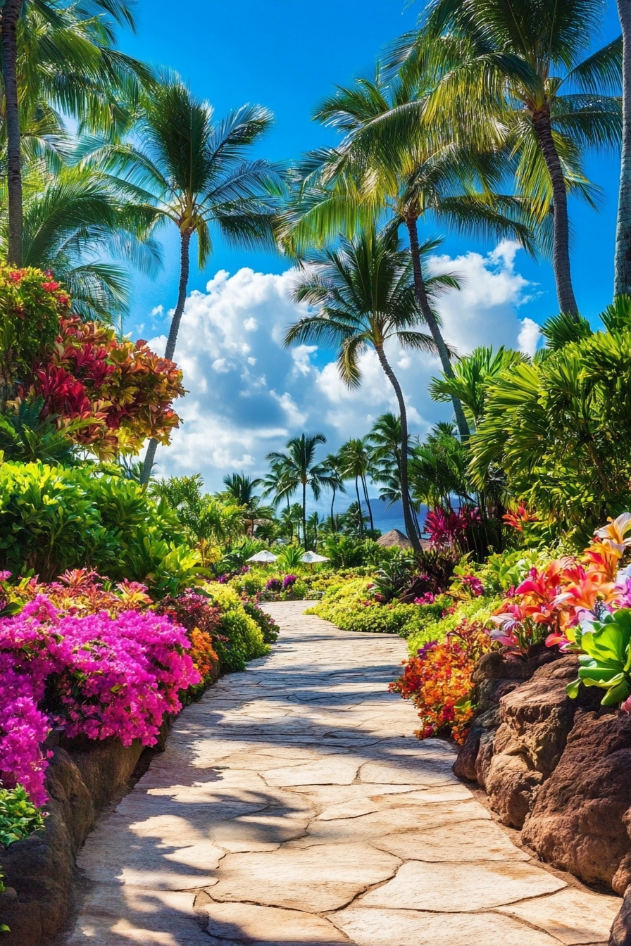 Pathway Surrounded by Exotic Blooms