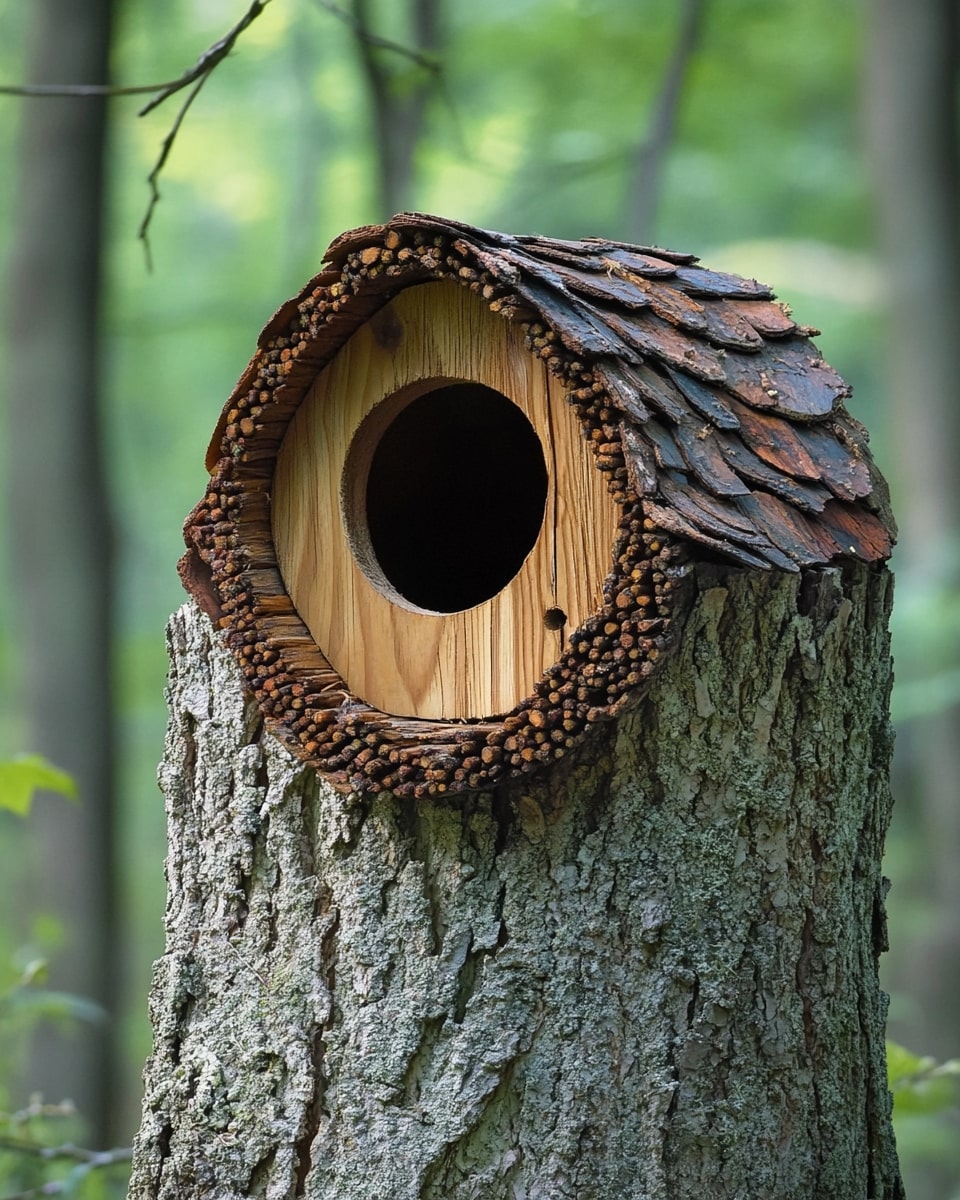Bark-Edged Birdhouse Into a Tree Trunk