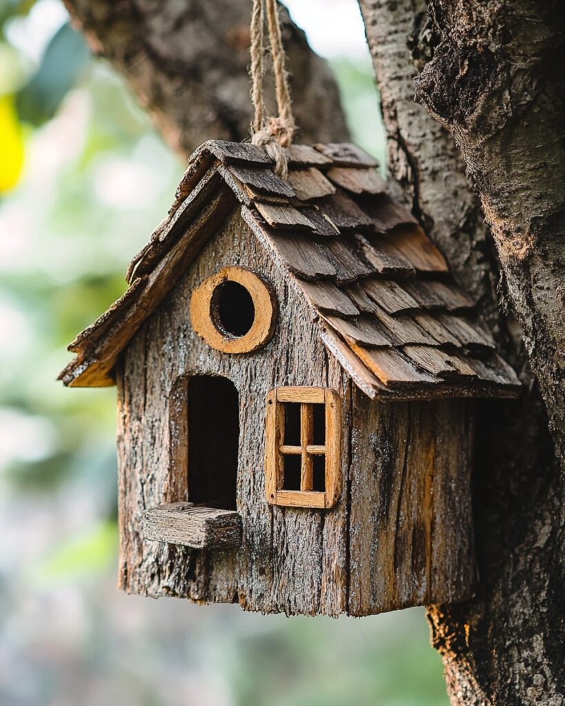 Rustic Bark-Covered Birdhouse From a Tree Trunk