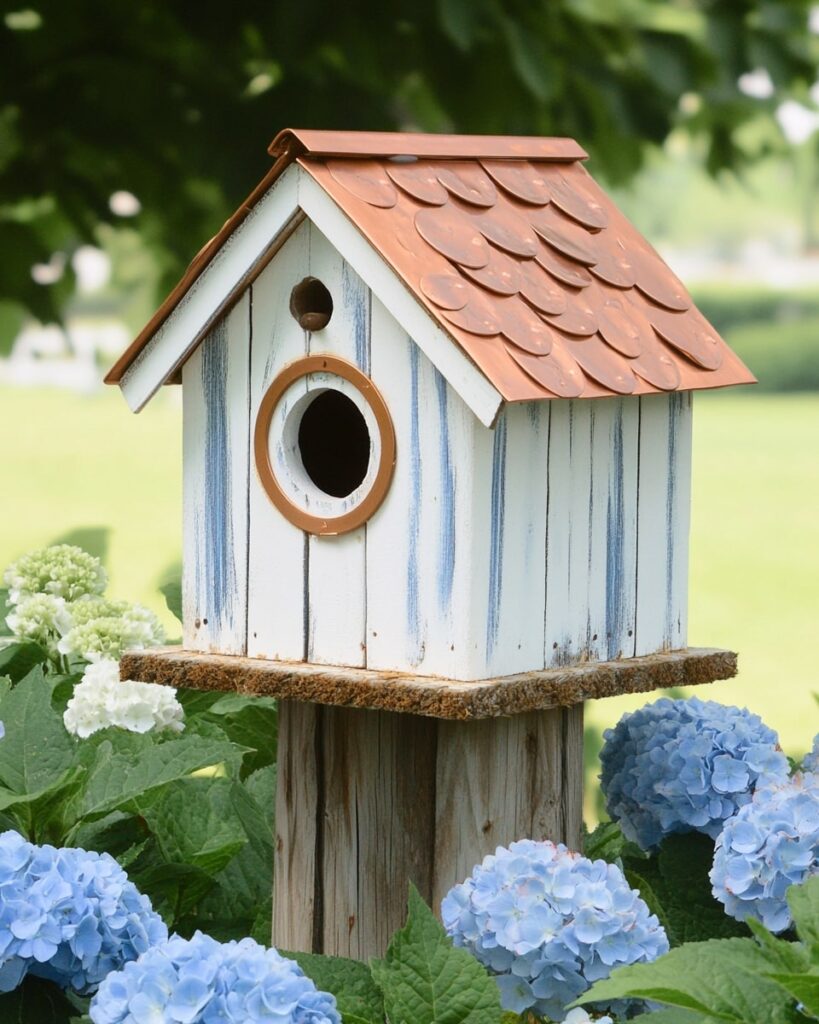 Copper Roof Birdhouse in a Blooming Corner