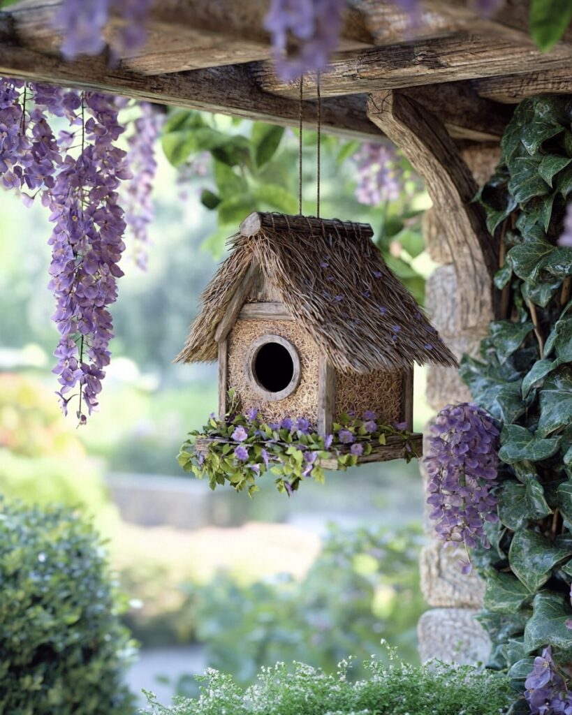 Cottage Birdhouse Beneath a Flowered Arbor
