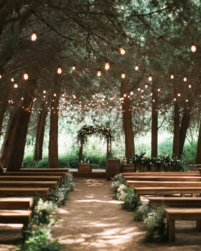 string lights and rustic wooden seating