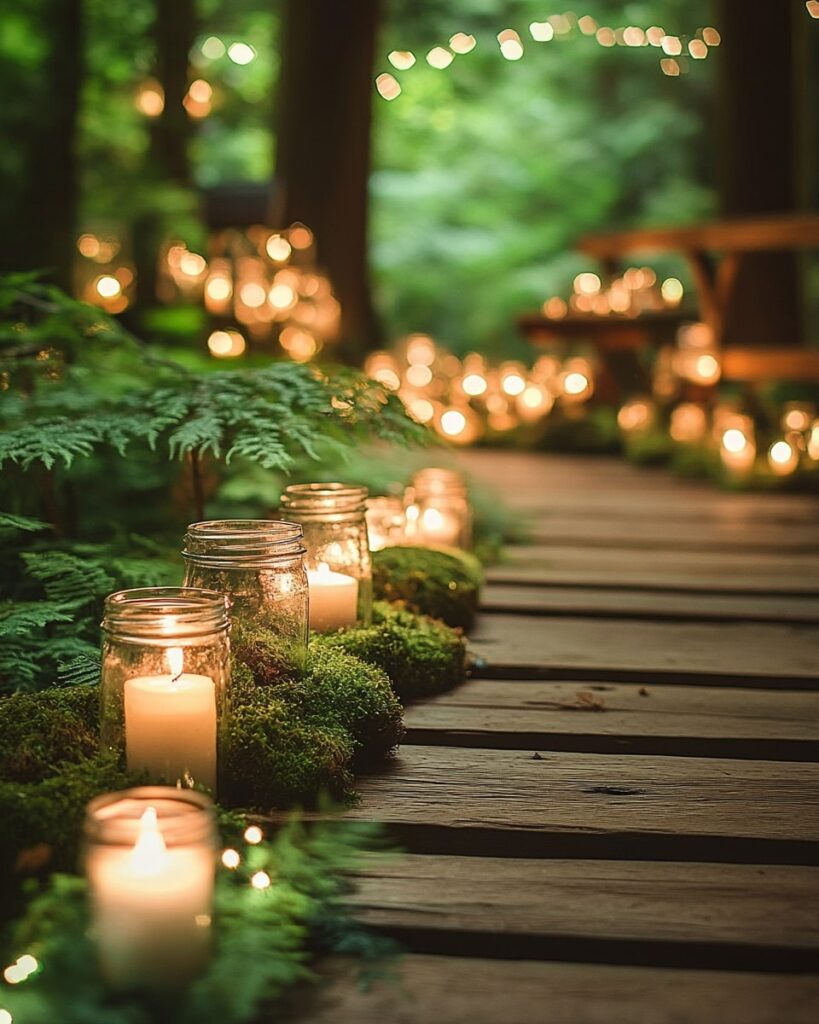Magical candlelit forest pathway