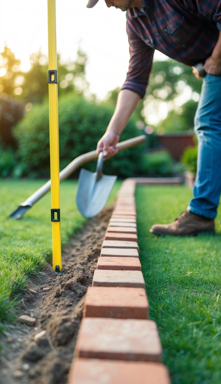 A person gathering bricks, shovel, level, and string to lay a brick border for garden edging