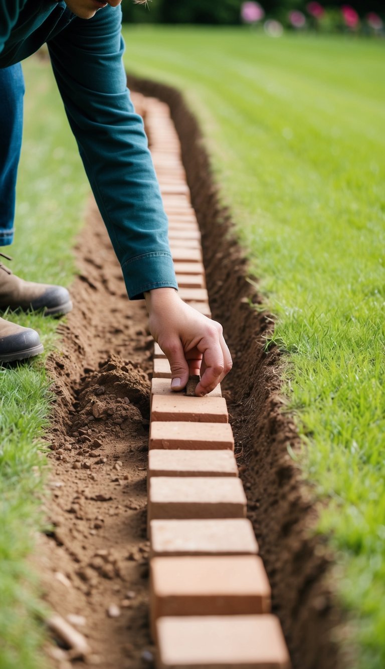 A person digs a shallow trench along the garden path, carefully placing bricks in a neat row to create a border edging