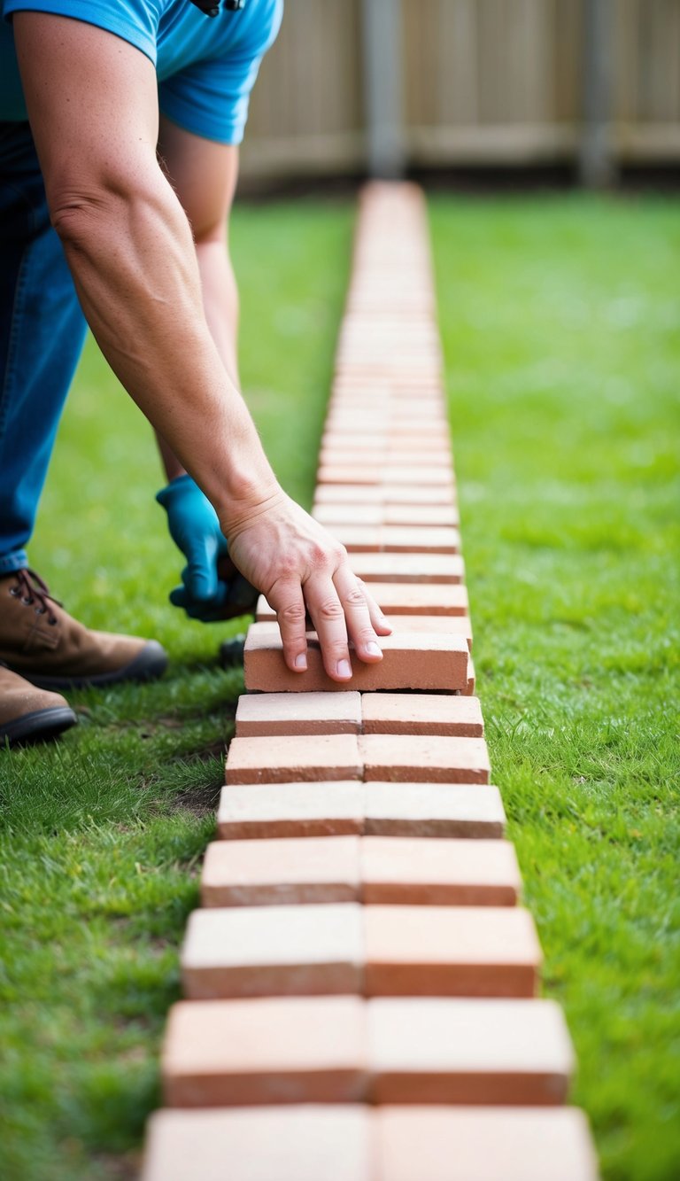 A person laying bricks in a straight line to create a border for a garden edging