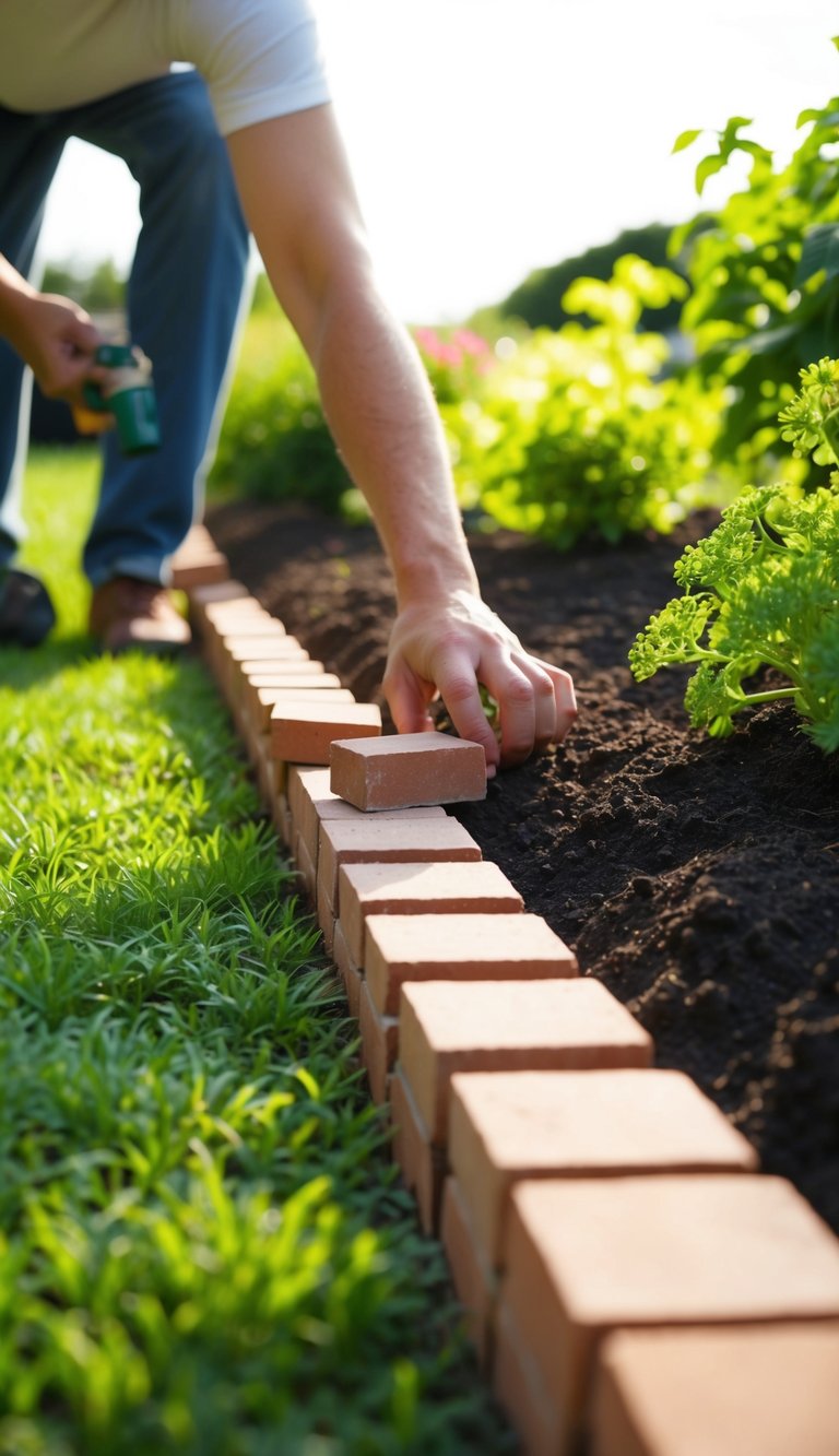 A person is laying bricks along the edge of a garden bed, carefully aligning them to create a neat and uniform border. The sun is shining, and the surrounding plants are lush and green