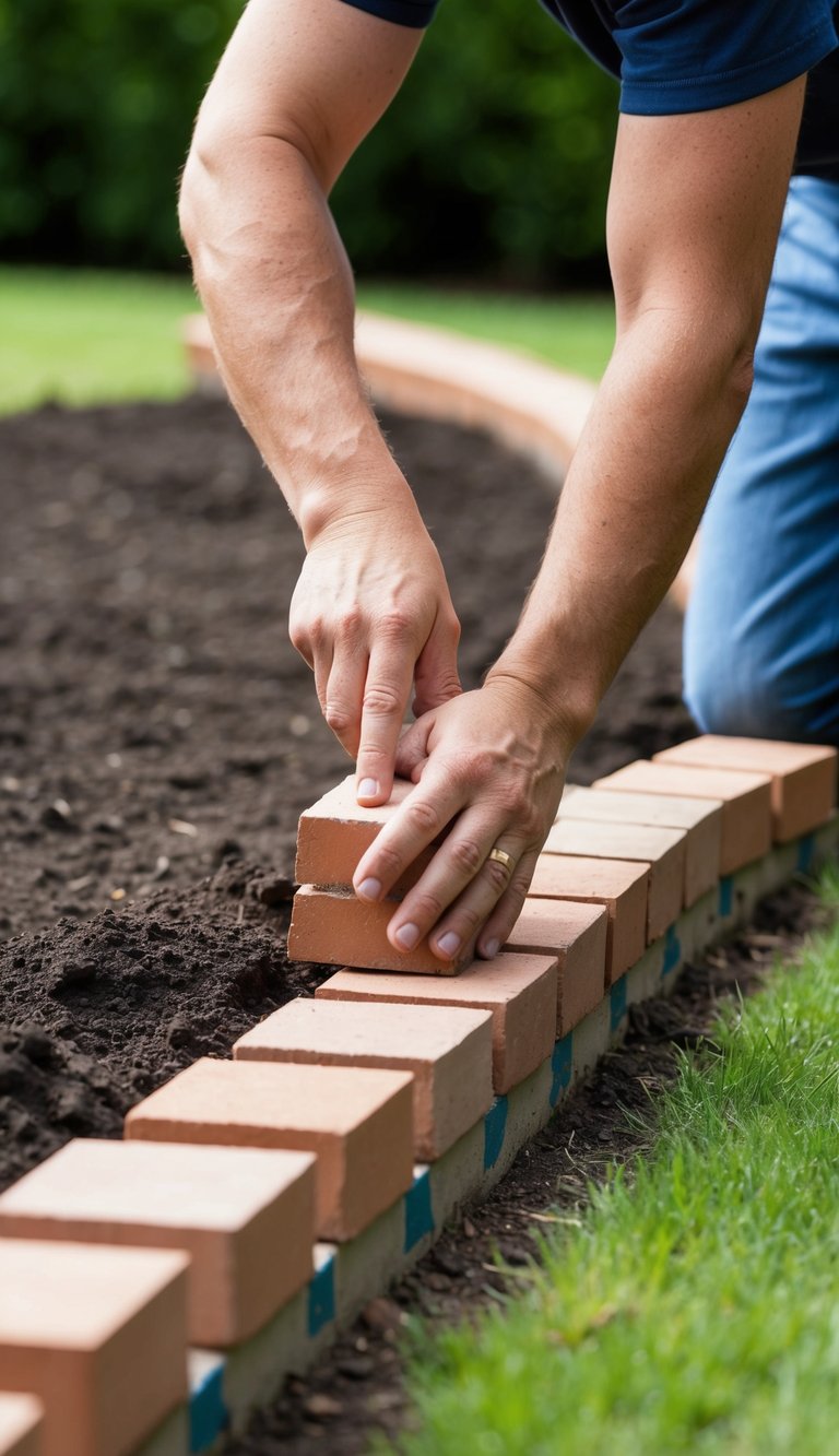 A person is laying bricks along the edge of a garden bed, carefully aligning them to create a neat and uniform border. The sun is shining, and the surrounding plants are lush and green