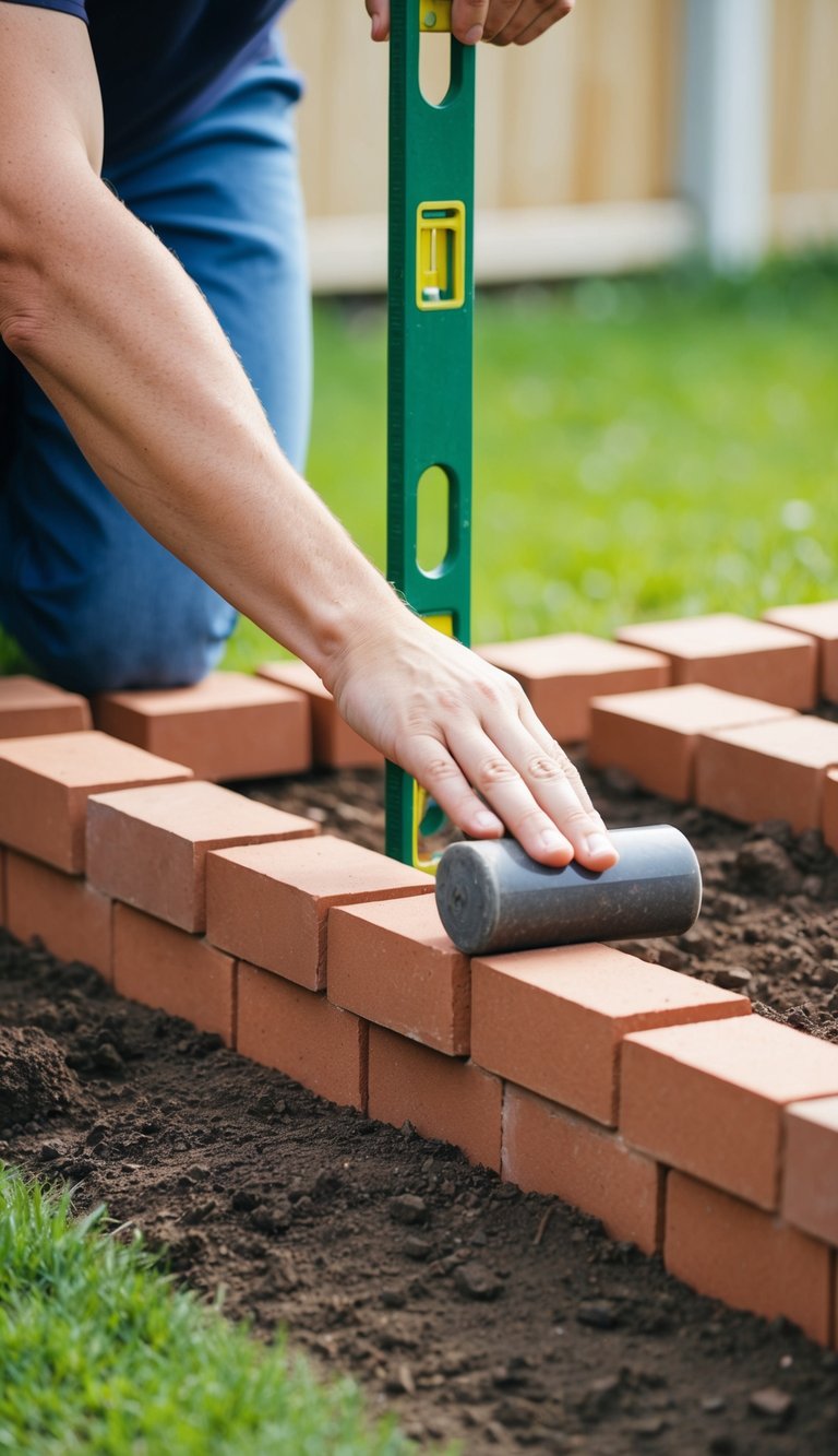A person laying bricks to create a border around a garden bed, using a level and rubber mallet to ensure each brick is properly aligned