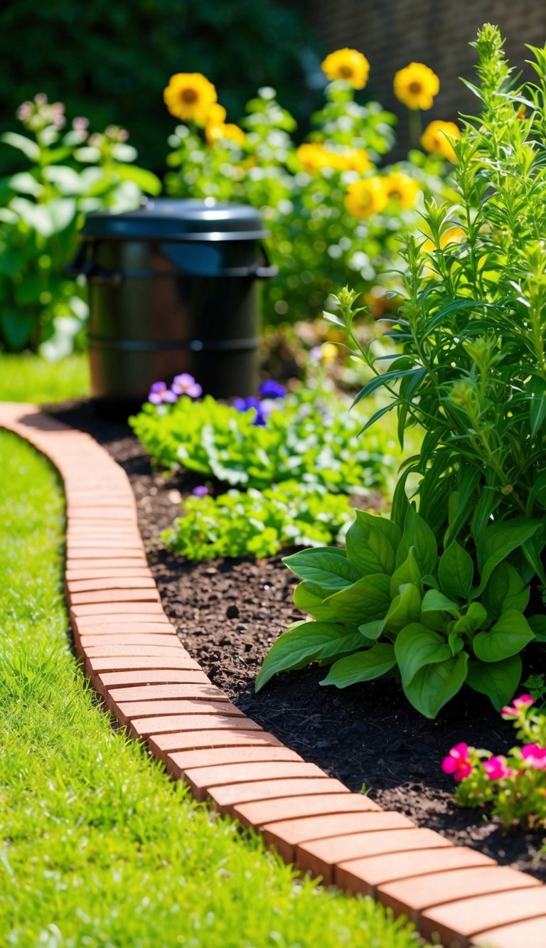 A sunny garden with a neatly laid brick border edging, surrounded by lush green plants and flowers. A compost bin and rain barrel demonstrate eco-friendly practices