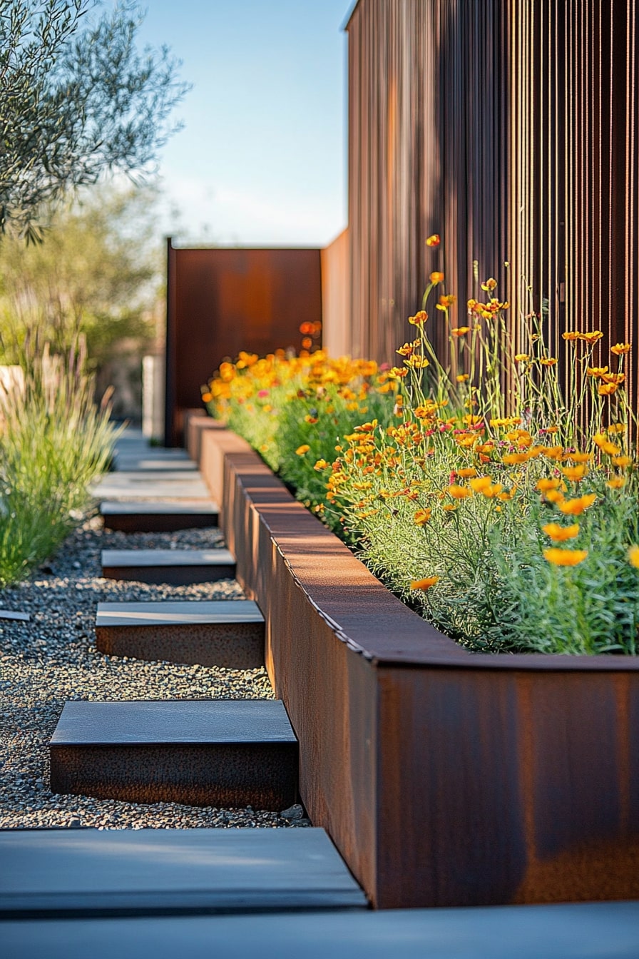 Shape a Sleek Edge with Rusted Steel Planter Walls