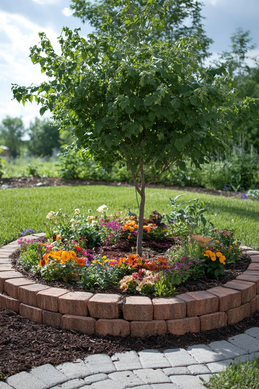 Stack Curved Pavers Around Trees for a Raised Centerpiece Border