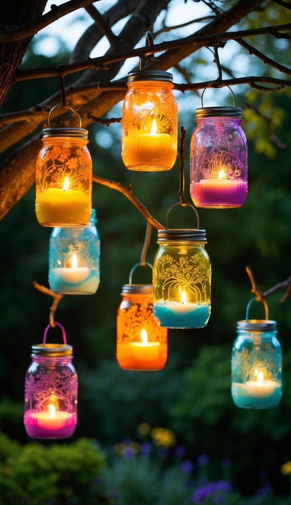 Colorful mason jars hang from tree branches, illuminated from within by flickering candles. The insides are painted with vibrant patterns, casting a warm and inviting glow in the garden