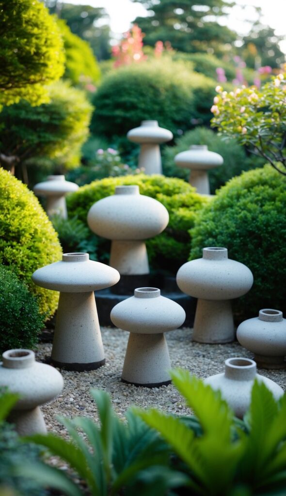A serene Japanese garden with 10 unique hypertufa lanterns, surrounded by lush greenery and a peaceful ambiance