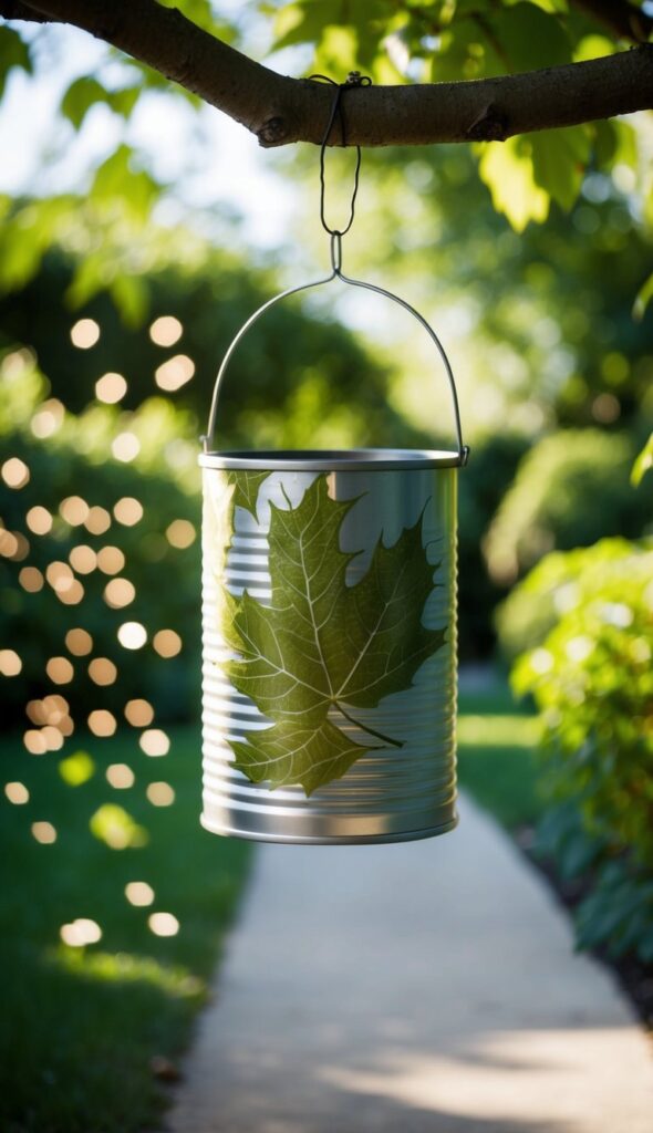 A tin can lantern with leaf imprints hangs from a tree branch, casting dappled patterns of light on the garden pathway