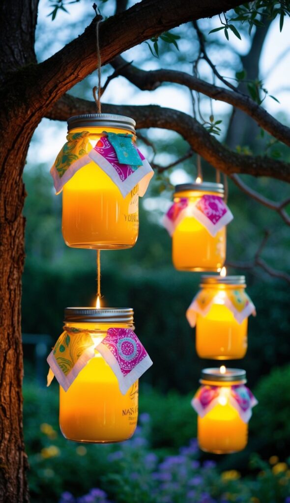 Glass jars filled with glowing candles, adorned with colorful napkin decoupage, hanging from tree branches in a whimsical garden setting