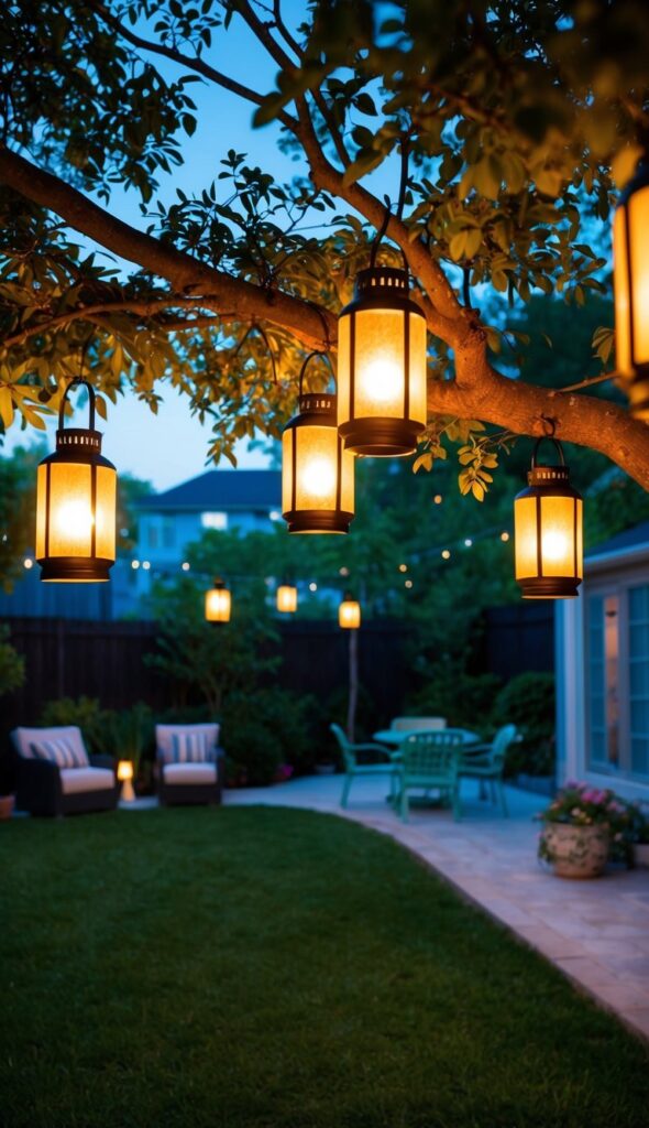 A backyard garden at dusk, adorned with Hurricane Lamp Style LED Lanterns hanging from tree branches and scattered around the patio