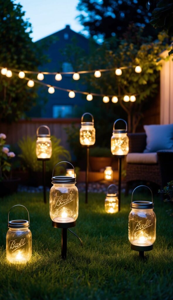 A backyard garden with solar-powered mason jar lanterns illuminating the space at dusk, creating a warm and cozy atmosphere