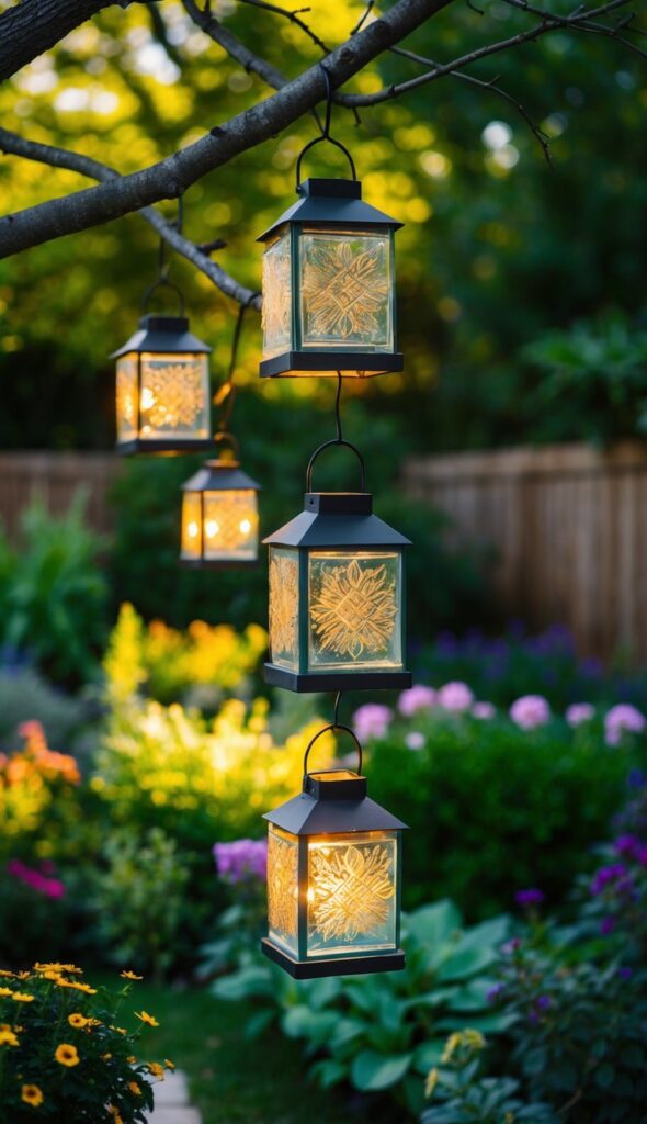 A backyard garden with etched glass slide-out lanterns hanging from tree branches, casting a warm glow over the surrounding plants and flowers