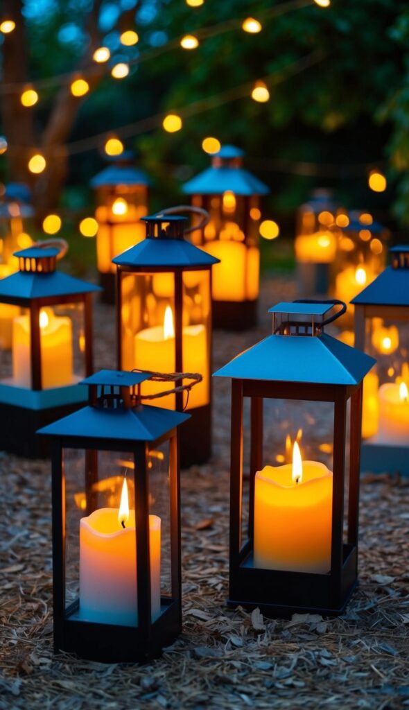 A collection of homemade garden lanterns, crafted from Luminara candles and various DIY materials, casting a warm and inviting glow in an outdoor setting