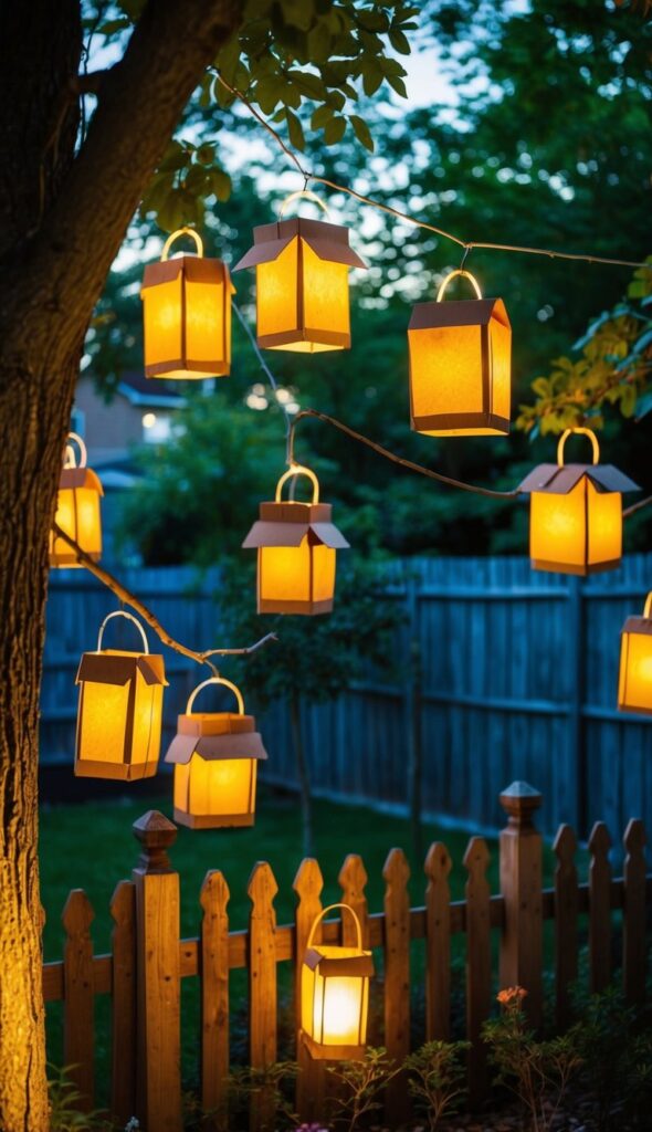 A backyard garden filled with homemade cardboard lanterns hanging from trees and fences, casting a warm and inviting glow as the sun sets