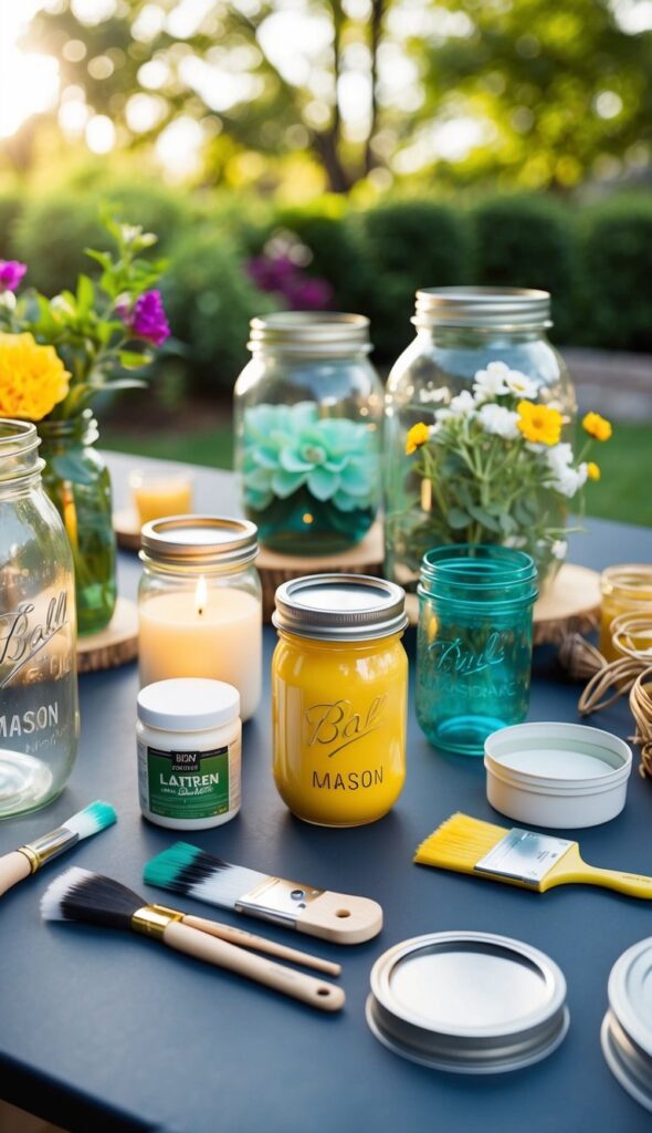 A table with various DIY garden lantern materials and tools laid out, including mason jars, candles, paint, brushes, and decorative elements