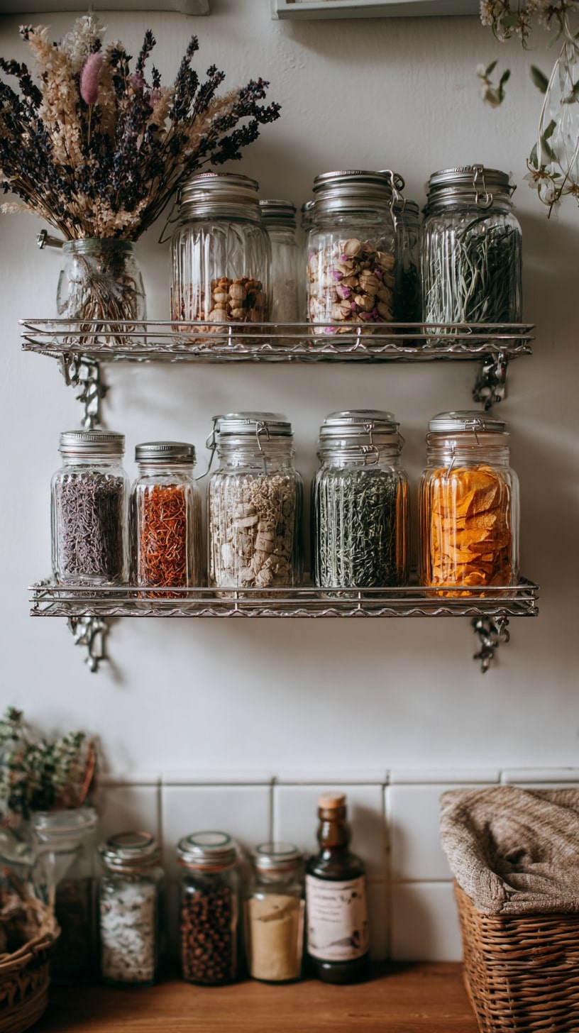 Wall Space with Tiered Wire Shelves and Glass Jars