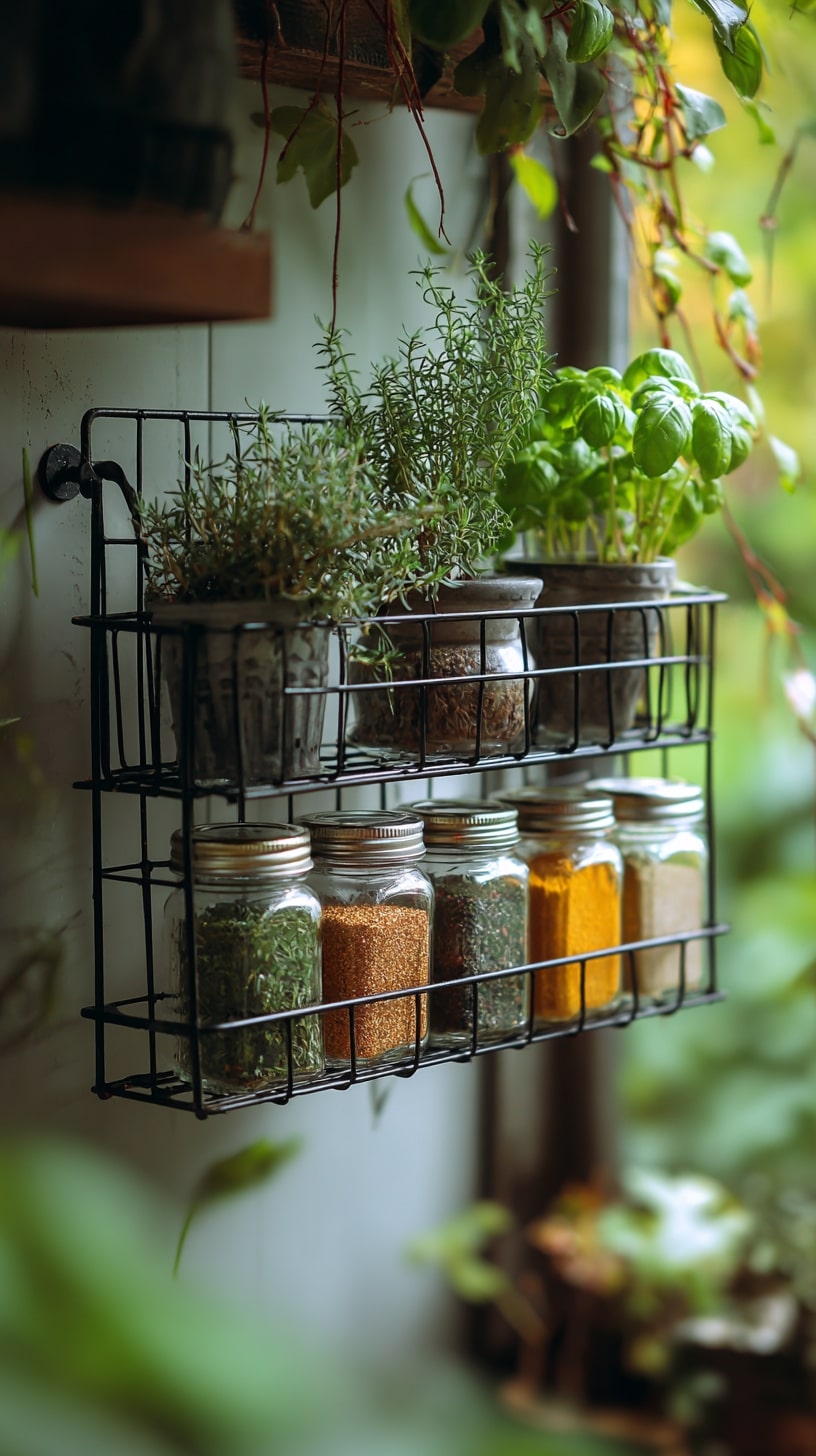 Wire Basket Rack for Light-Filled Herb Drying Zones