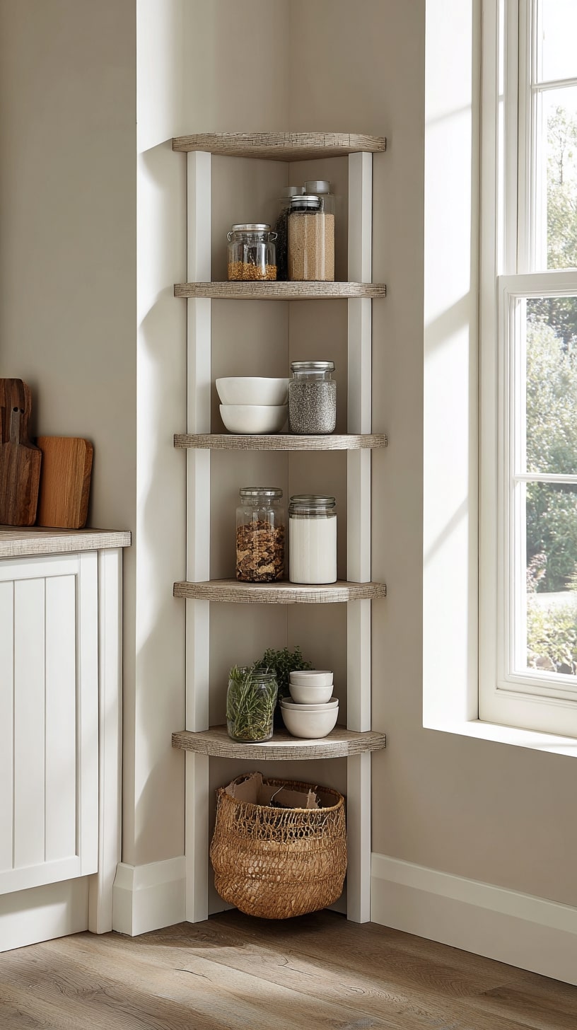 Narrow Corners with Tiered Open Shelving