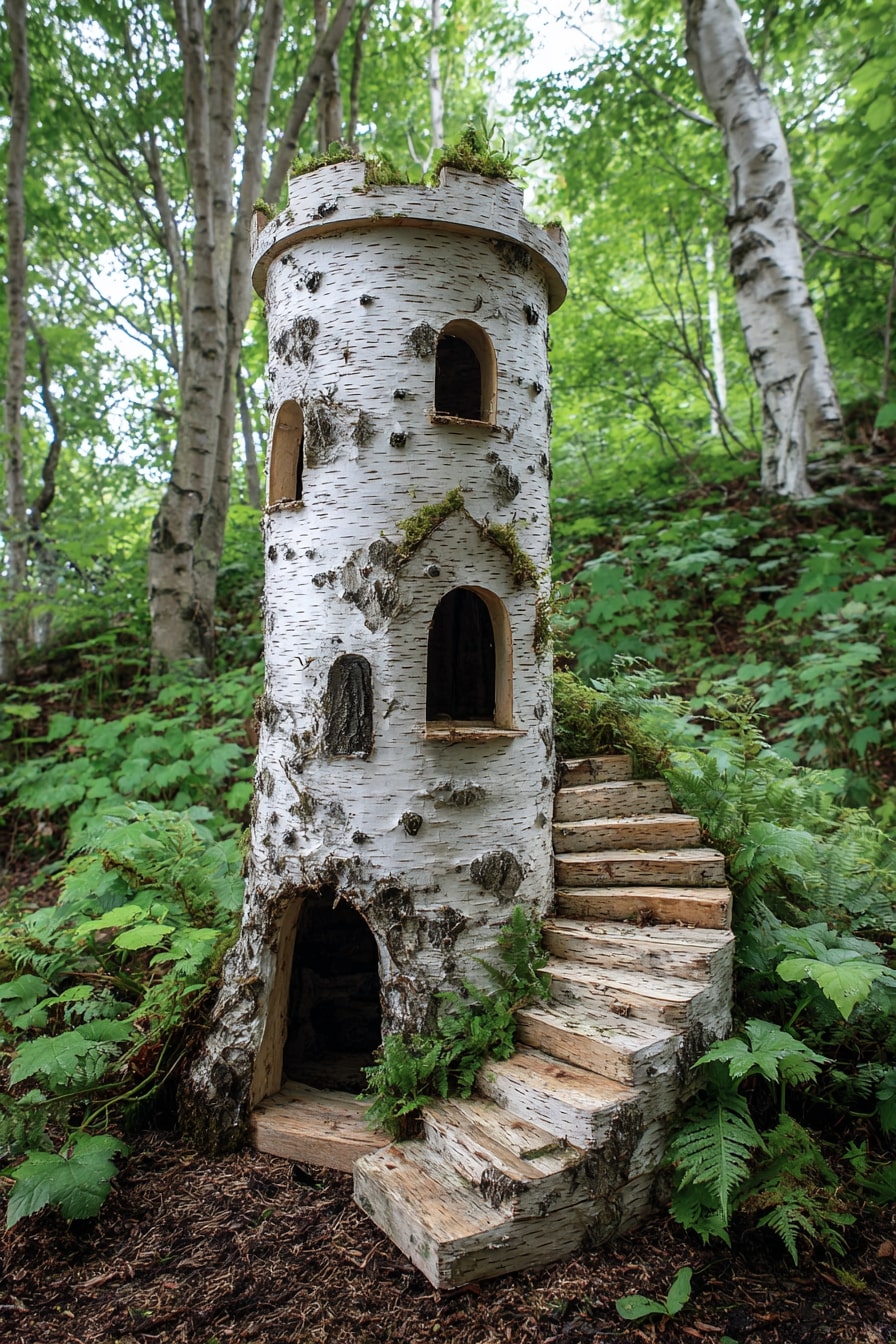Carve a Birch Tower with Curved Woodland Stairs