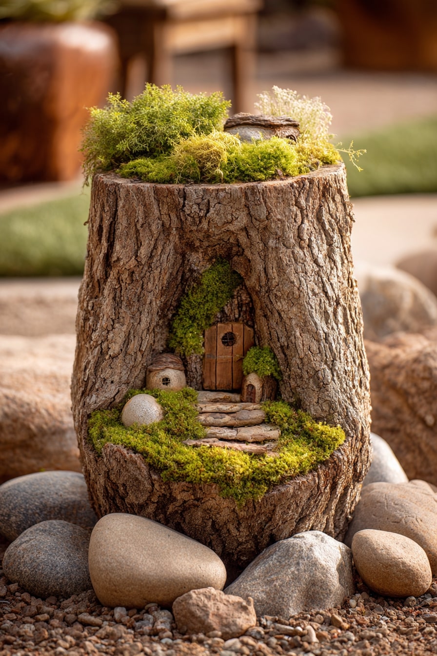 Transform a Tree Stump with Moss and Pebble Details