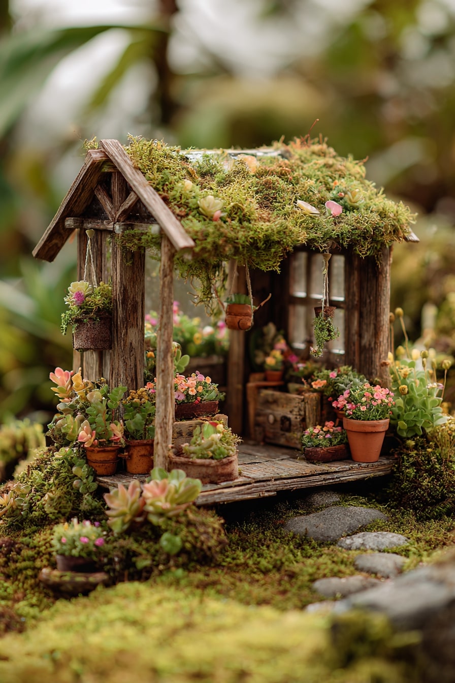Add a Moss Roof and Layered Pots for Garden Charm